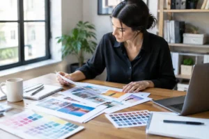 Un professionnel analyse des maquettes imprimées pour une définition newsletter claire et efficace au bureau.