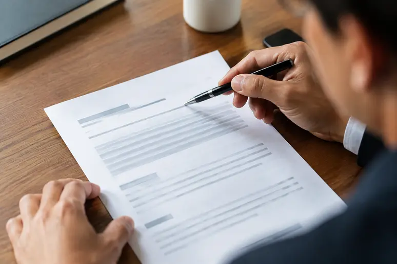 Professionnel annotant un projet d'email de prospection sur un bureau en bois