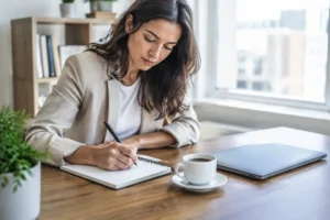 professionnel écrivant des notes sur un carnet pour préparer un email de prospection exemple efficace