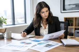 Un professionnel analyse des rapports papier pour optimiser une campagne de email marketing exemple.