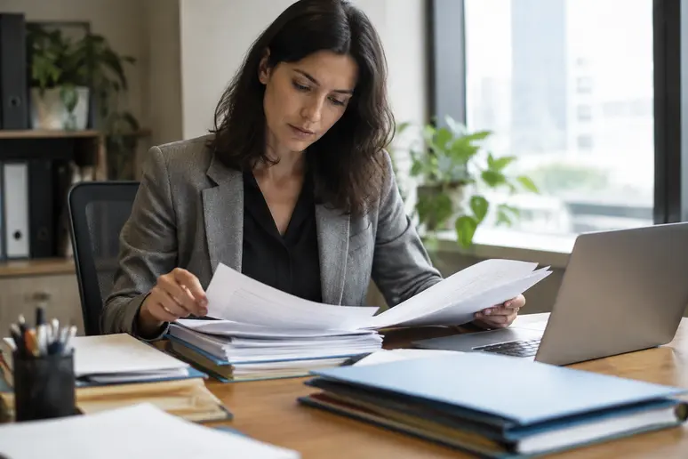 Salarié consultant des documents sur un bureau pour traiter une demande d'accès liée à un email rgpd