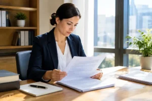 professionnel consultant des documents administratifs sur son bureau avec un email rgpd