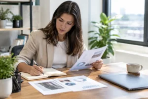Un professionnel organise sa stratégie de prospection en consultant un emailing exemple imprimé sur son bureau
