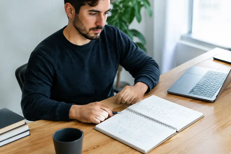 Developpeur verifiant la structure d'un emailing html sur des notes de travail