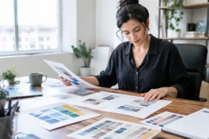 Un professionnel analyse des maquettes imprimées pour un projet d'emailing html sur son bureau