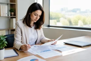 Un professionnel analyse des listes de contacts avec un fichier email entreprise imprimé sur son bureau.