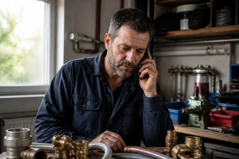 Artisan répondant rapidement au téléphone pour gérer une prise de contact locale Google Local Services Ads.