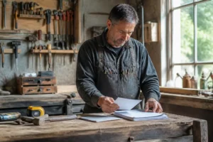 artisan professionnel dans son atelier analysant des devis papier pour optimiser ses google local service ads