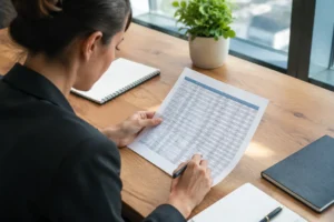 Un professionnel analyse des données sur une liste email entreprise au bureau.