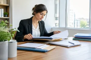 Un professionnel organise ses documents pour créer une liste email gratuit en respectant les règles