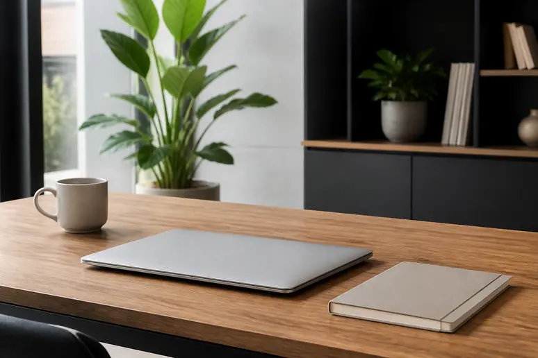 Bureau de travail moderne avec ordinateur portable fermé et carnet de notes