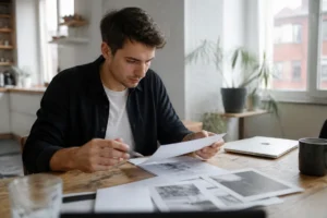 Un indépendant gère ses comptes sur papier avec un logiciel de facturation mac