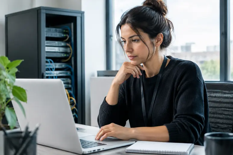 Technicien analysant la configuration d'un logiciel emailing open source sur un carnet de notes