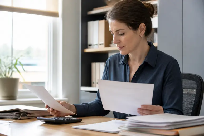 Gestionnaire d'entreprise classant des documents commerciaux et des factures sur un bureau en bois