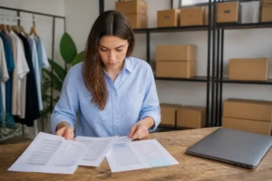 Un entrepreneur analyse des documents de stock avec un logiciel gestion de stock et facturation dans son bureau