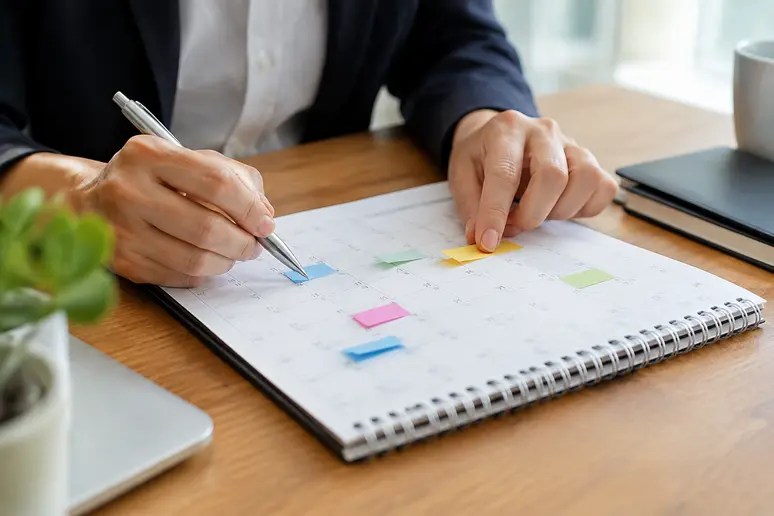 Planification d'une campagne de newsletter professionnelle sur un calendrier de bureau.