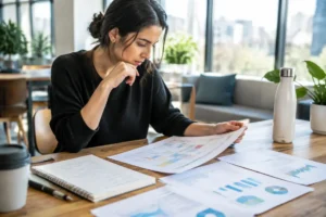 Un plan de travail avec des notes papier illustre le meilleur moment pour envoyer une newsletter professionnelle.
