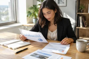 Professionnel analysant des graphiques sur papier avec le meilleur outil automatisation campagnes email 2026 dans un bureau lumineux