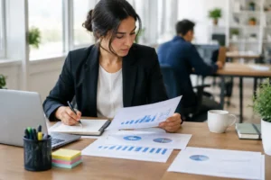 Un professionnel analyse des rapports papier sur son bureau pour comprendre la newsletter c'est quoi.
