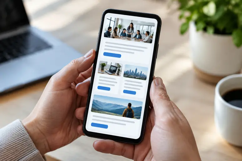 Consultation sur mobile d'une newsletter entreprise structurée en blocs courts