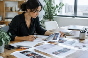 professionnel consultant des documents et maquettes de newsletter entreprise sur un bureau lumineux