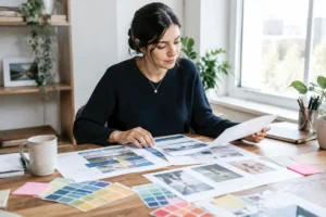 professionnel analysant des maquettes imprimées pour un projet de newsletter exemple sur un bureau lumineux