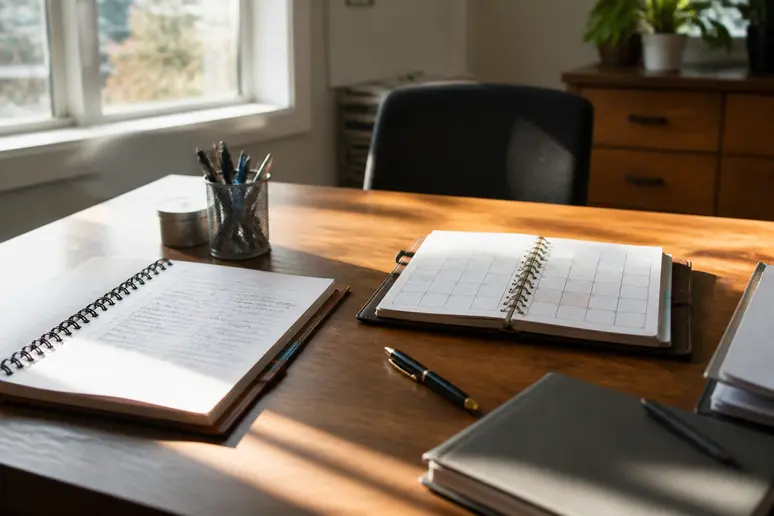 carnet de notes ouvert posé sur un bureau avec un planning de publications pour outil webmarketing