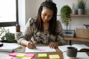 entrepreneur organisant sa stratégie avec un outil webmarketing sur papier dans un bureau lumineux