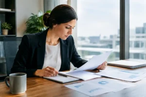 Professionnel consultant des documents de sécurité informatique pour la protection email entreprise au bureau.