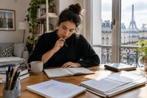 Un créateur de contenu penché sur des notes manuscrites pour rédiger une newsletter efficace depuis son bureau parisien.