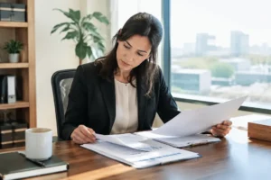 Un professionnel examine des documents administratifs papier dans son bureau pour assurer sa conformité rgpd emailing