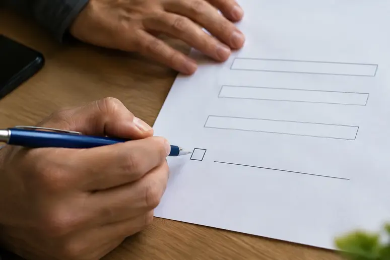 Mains d'un utilisateur vérifiant qu'aucune case d'abonnement n'est précochée lors de l'inscription.