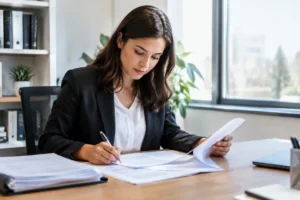 Un professionnel analyse des documents papier pour assurer la conformité rgpd newsletter dans un bureau lumineux.