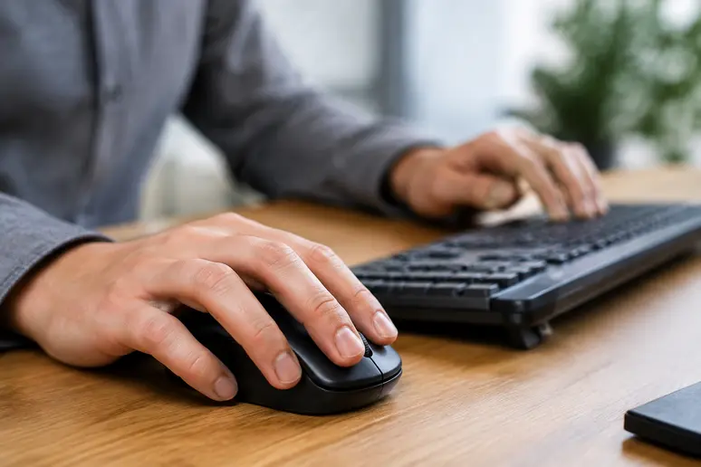 Mains utilisant un clavier et une souris pour créer une signature email gratuite
