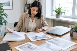Professionnel organisant des documents sur un bureau lumineux près d'une signature email gratuit