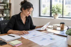 Un professionnel analyse des graphiques de performance et des plannings pour élaborer sa stratégie newsletter au bureau