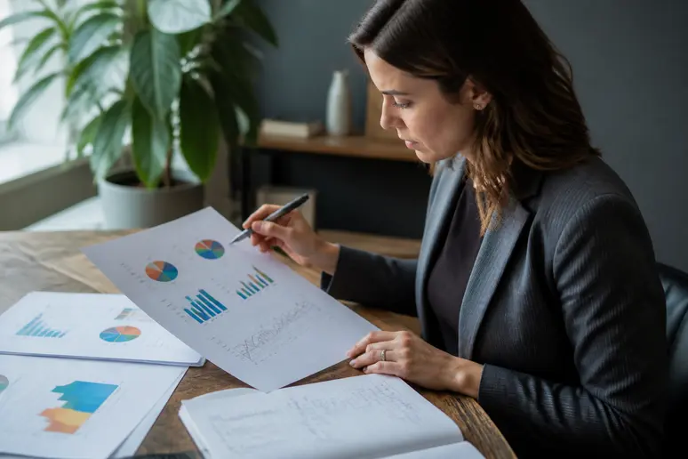 Consultant analysant un rapport d audit de stratégie webmarketing sur papier