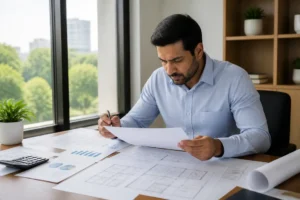 professionnel analysant des documents financiers pour sa stratégie webmarketing dans un bureau lumineux
