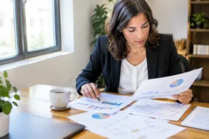 Analyse sur papier des performances d'une campagne via le taux de clic moyen newsletter dans un bureau lumineux.