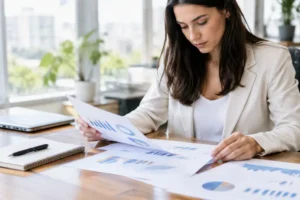 Professionnel analysant des rapports imprimés pour optimiser son taux de conversion emailing au bureau
