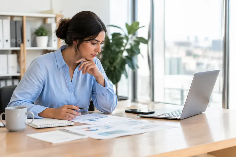 Professionnel analysant les performances d'une campagne emailing sur un bureau moderne