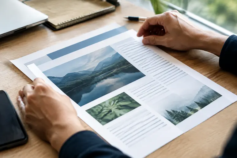 Mains ajustant la mise en page d'une newsletter pour optimiser le taux de réactivité