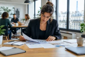 Un professionnel analyse des graphiques de performance imprimés sur un bureau en bois pour évaluer le taux de réactivité emailing.