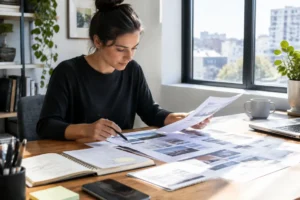 Un professionnel examine des maquettes de template emailing imprimées sur papier au bureau
