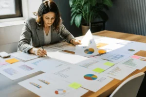 Un professionnel analyse des rapports papier et des données de veille e-réputation exemple sur un bureau
