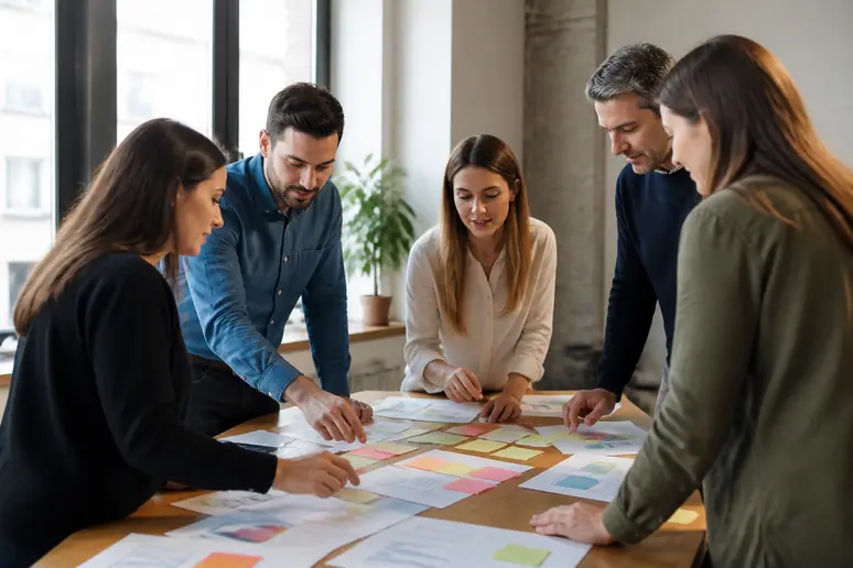 Équipe de marketing planifiant une stratégie de webmarketing définition sur un tableau blanc