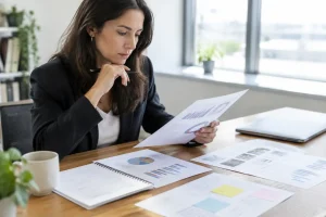 Un professionnel analyse des documents papier pour optimiser sa stratégie d'emailing professionnel en bureau.